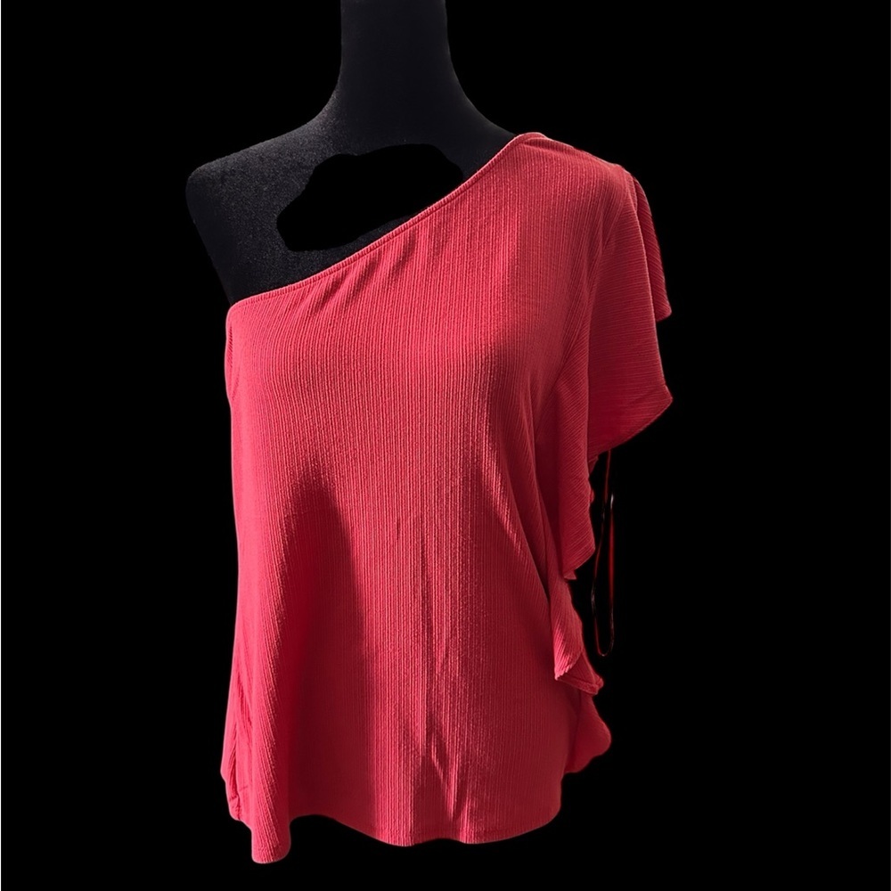 NINE WEST PINK CORAL RUFFLE COLD SHOULDER ONE SLEEVE BLOUSE SIZE XL